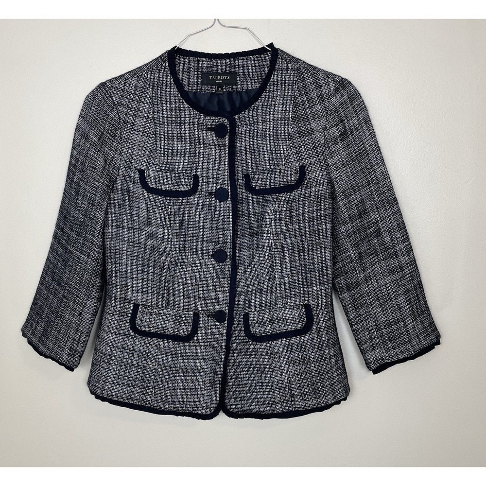 Talbots Tweed Blazer Jacket Double Breasted Size 4 Petite Women's Navy Blue